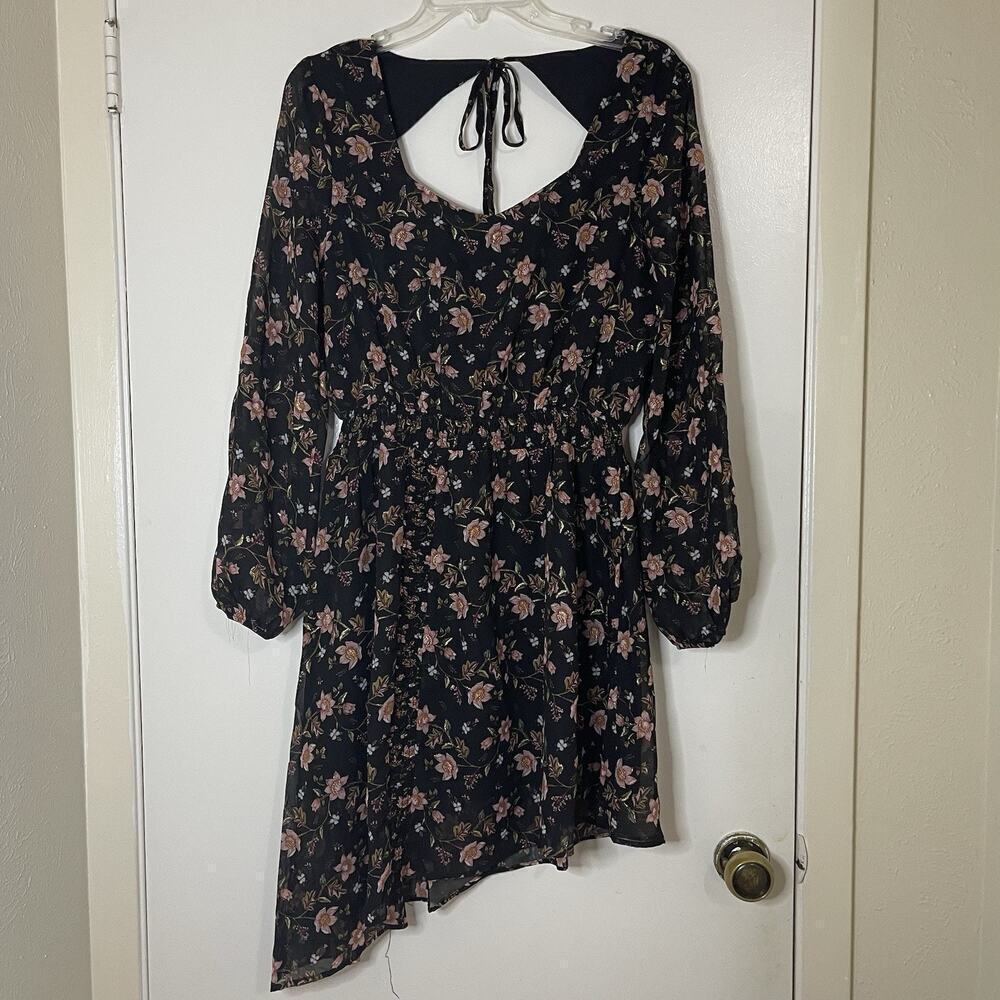 NEW! J.O.A. Black Floral Back Cut Out Smocked Waist Asymmetrical Dress Med